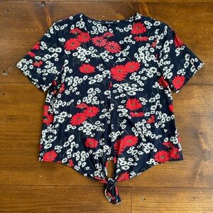 Madewell Navy/Red/White Floral Short Sleeve V-neck Blouse Top Sz M